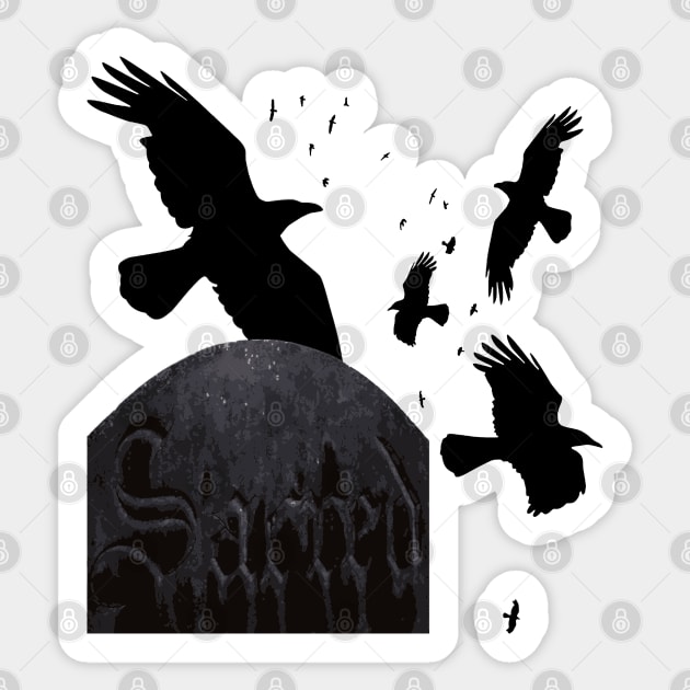 Sacred Gothic Text Gravestone With Crows and Ravens Sticker by taiche